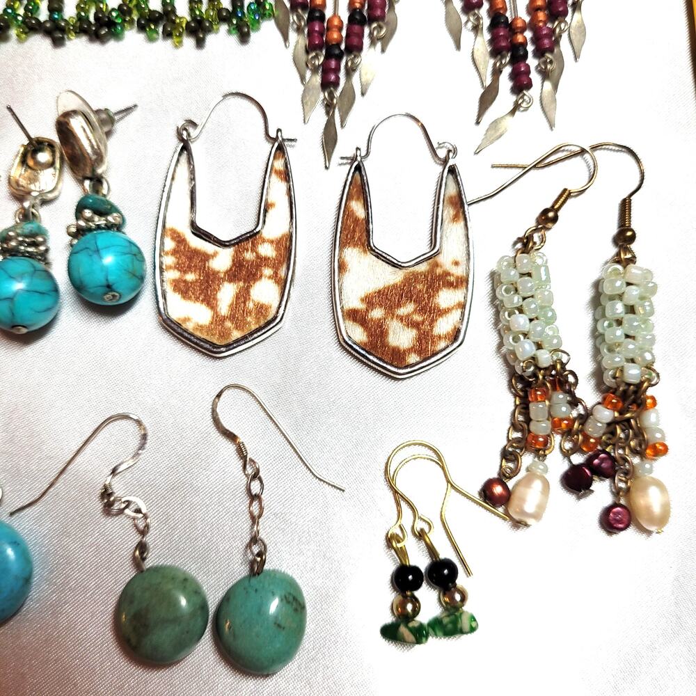 13 Pc Earrings Lot Retro Boho Western Southwestern Dangle Beaded Gemstone Chips - Picture 7 of 9